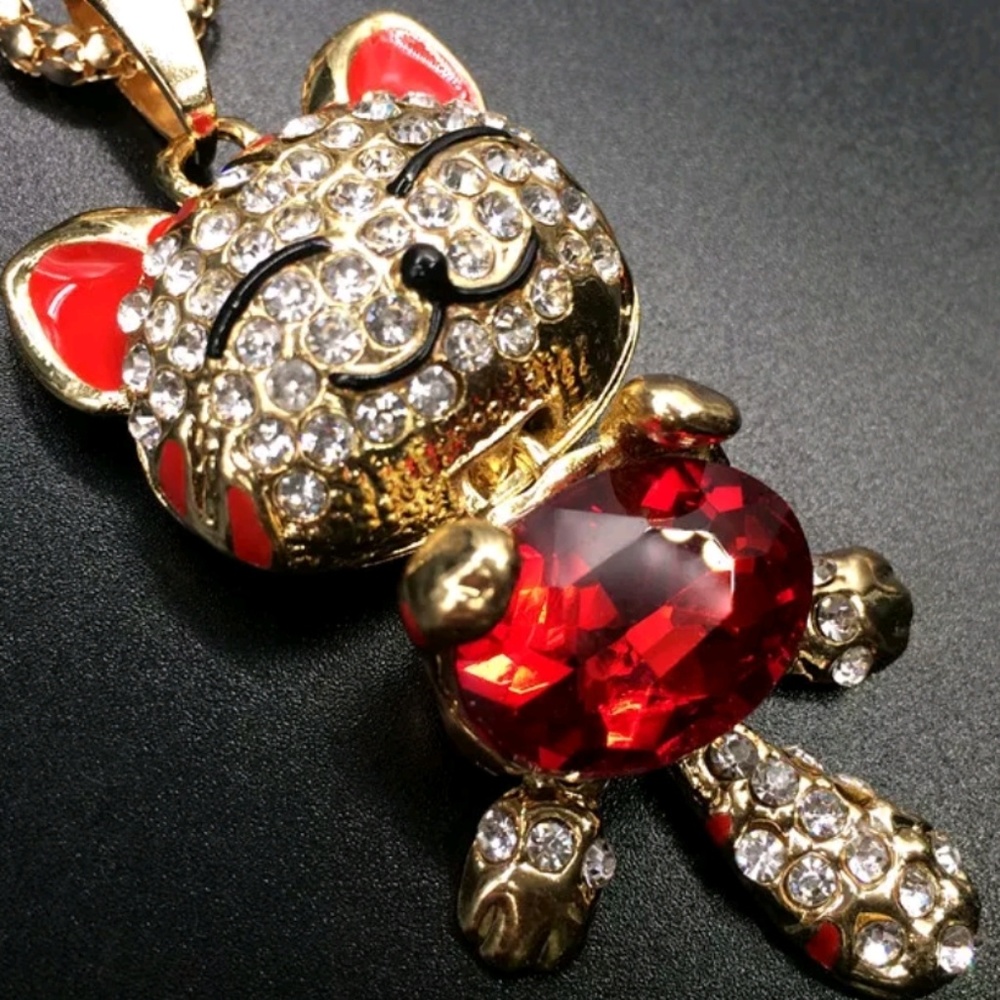 Red Crystal Enamel Cat Kitten Pendent